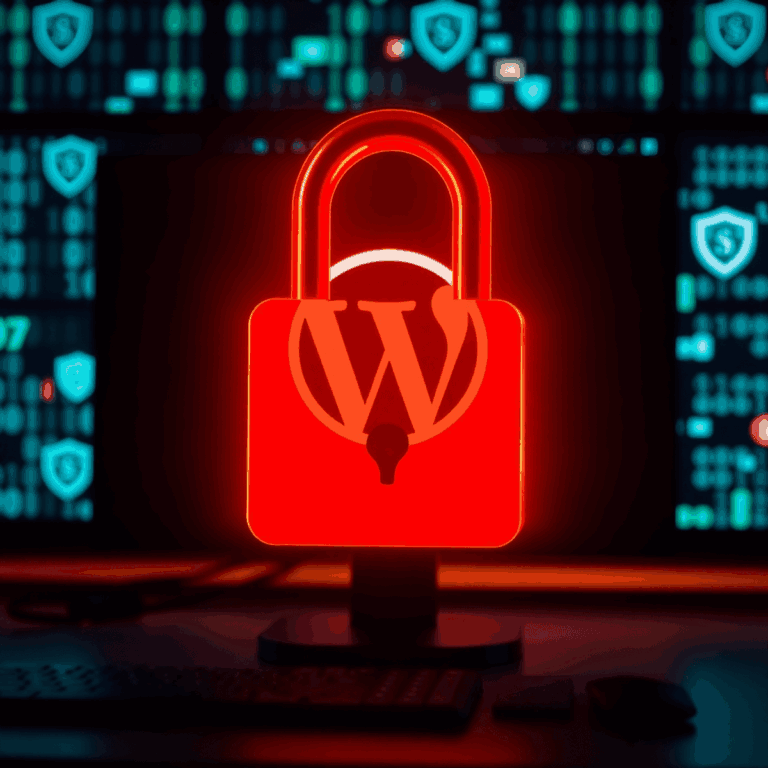 A padlock symbol overlays a computer screen with the WordPress logo, surrounded by digital security elements like binary code and shield icons.