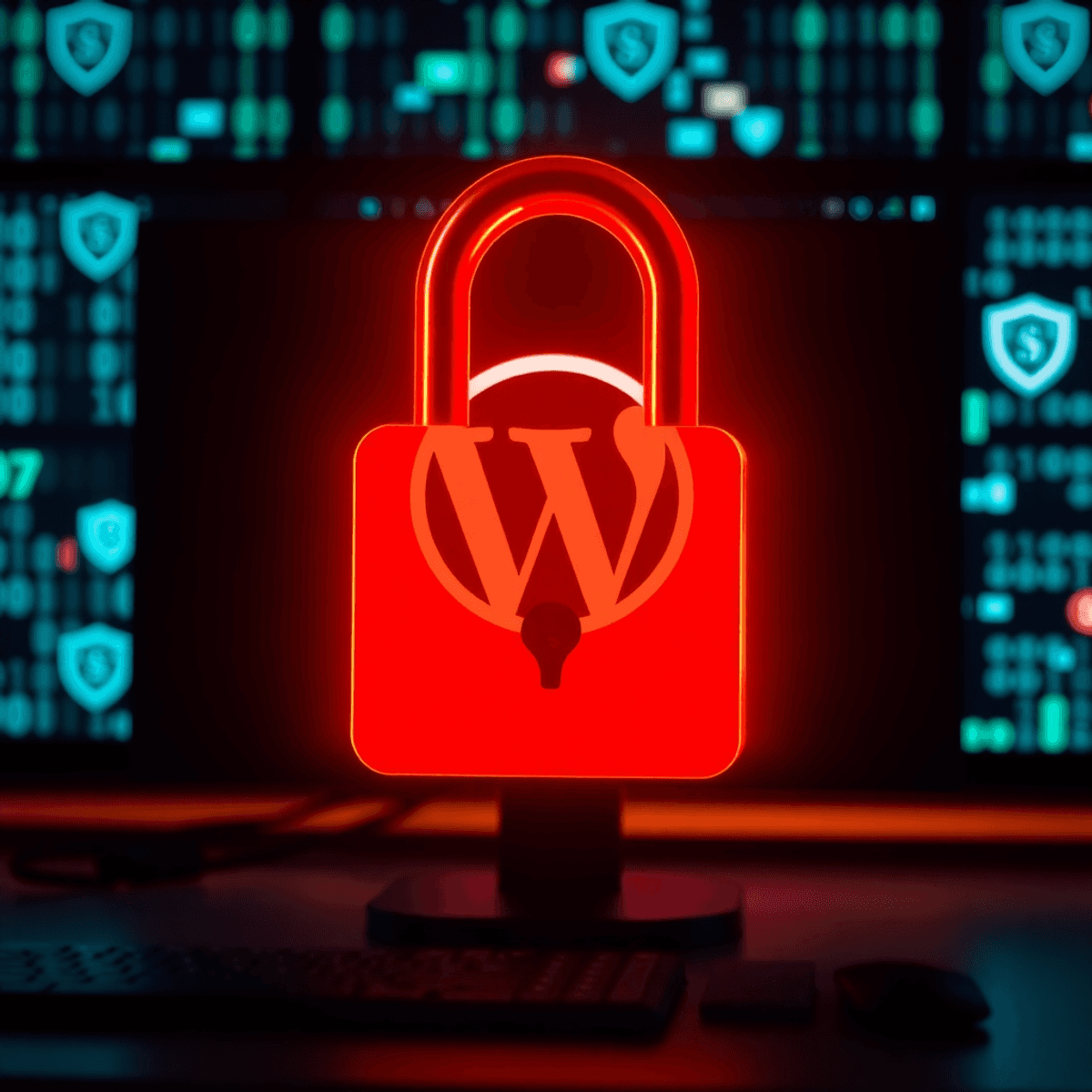 A padlock symbol overlays a computer screen with the WordPress logo, surrounded by digital security elements like binary code and shield icons.