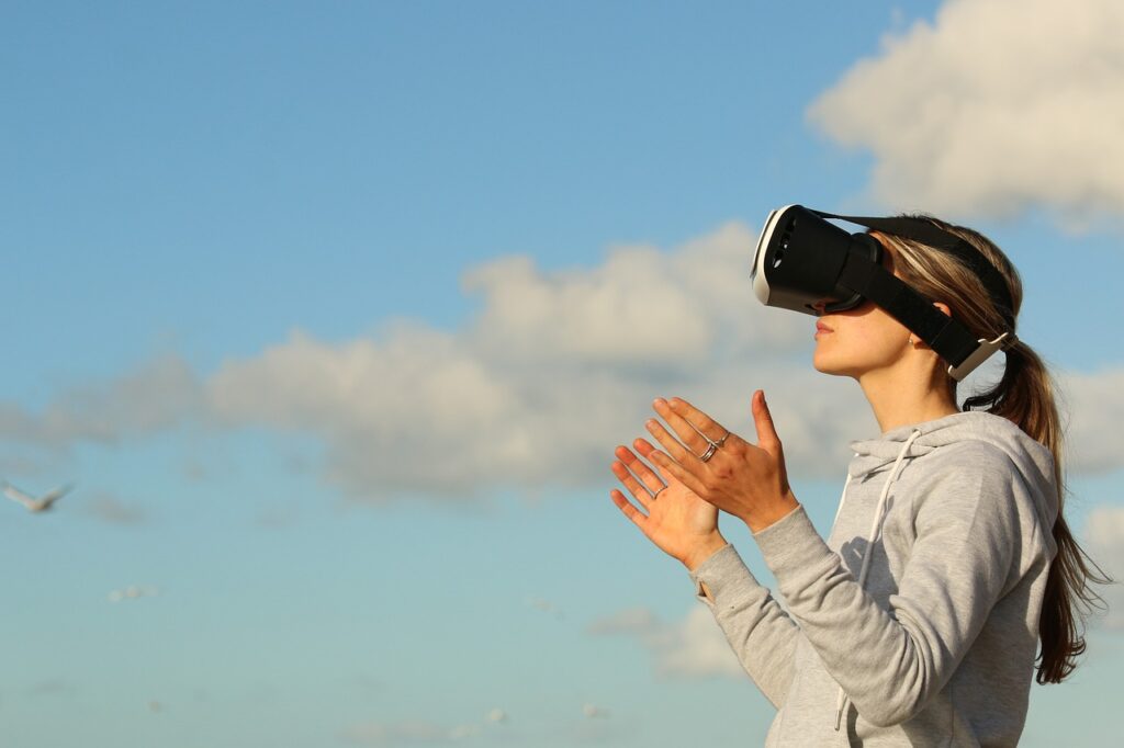 woman, virtual reality, nature, game, clouds, ar, augmented reality, female, girl, outdoors, person, metaverse, side view, sky, open arms, virtual reality, virtual reality, virtual reality, virtual reality, virtual reality, game, augmented reality