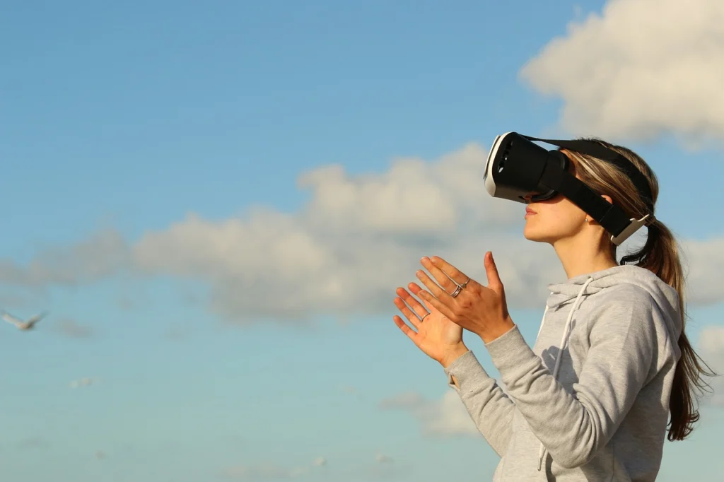 woman, virtual reality, nature, game, clouds, ar, augmented reality, female, girl, outdoors, person, metaverse, side view, sky, open arms, virtual reality, virtual reality, virtual reality, virtual reality, virtual reality, game, augmented reality