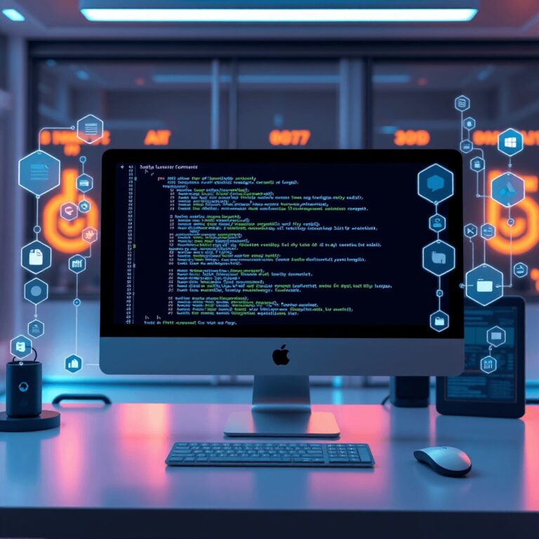 Futuristic workspace with sleek computer displaying AI code, surrounded by digital holograms and icons of natural language commands and software de...