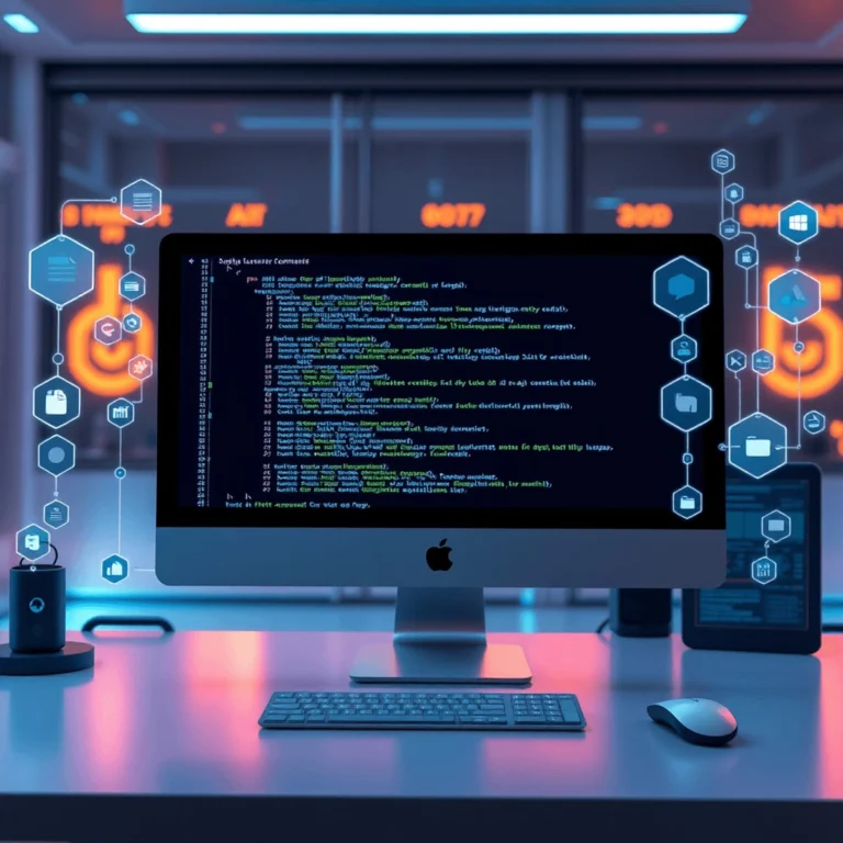 Futuristic workspace with sleek computer displaying AI code, surrounded by digital holograms and icons of natural language commands and software de...
